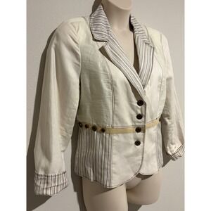 Coldwater Creek Blazer Jacket~16~Ivory Cotton Linen Patchwork‎ Panel Stripe Boho
